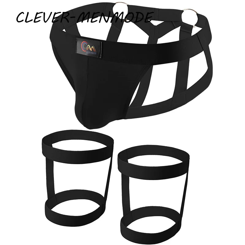 men Sexy Open Crotch G-String Garter Thong Erotic T-Back Jockstrap Leg Harness Lingerie Leg Strap Penis Pouch Metal Ring Panties