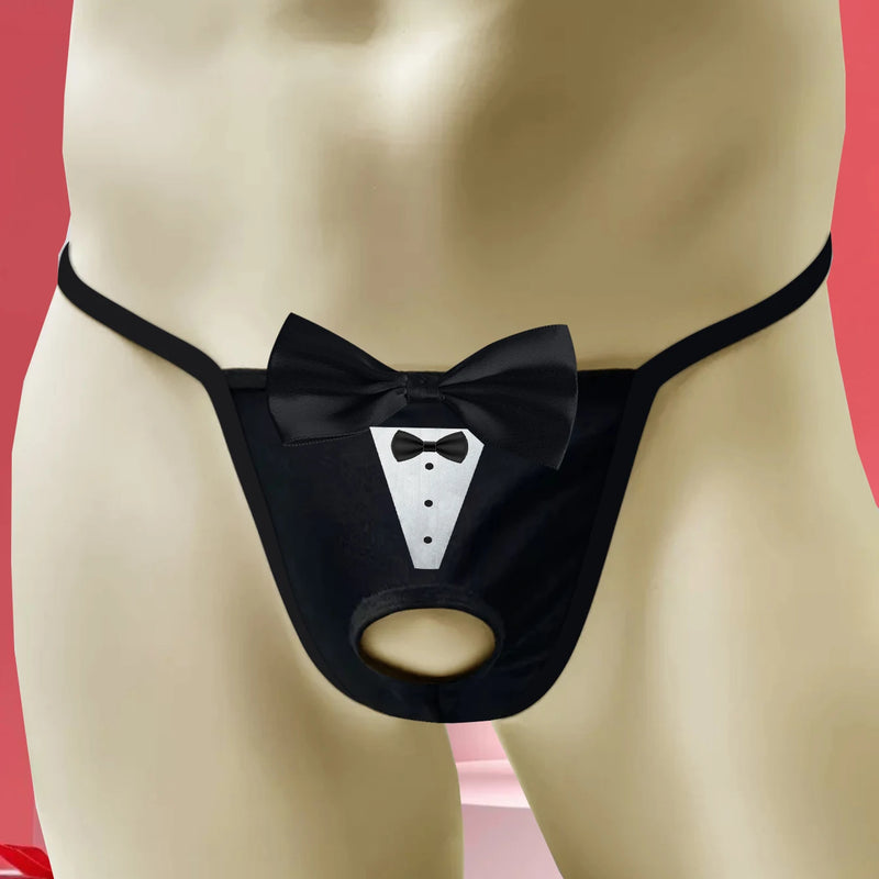 Men's Sexy Crotch Hollow Thong Underwear with Fun Printed Bow Decoration Breathable Underwear