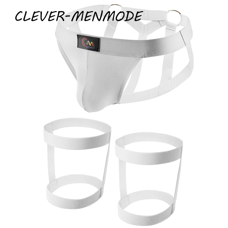 men Sexy Open Crotch G-String Garter Thong Erotic T-Back Jockstrap Leg Harness Lingerie Leg Strap Penis Pouch Metal Ring Panties
