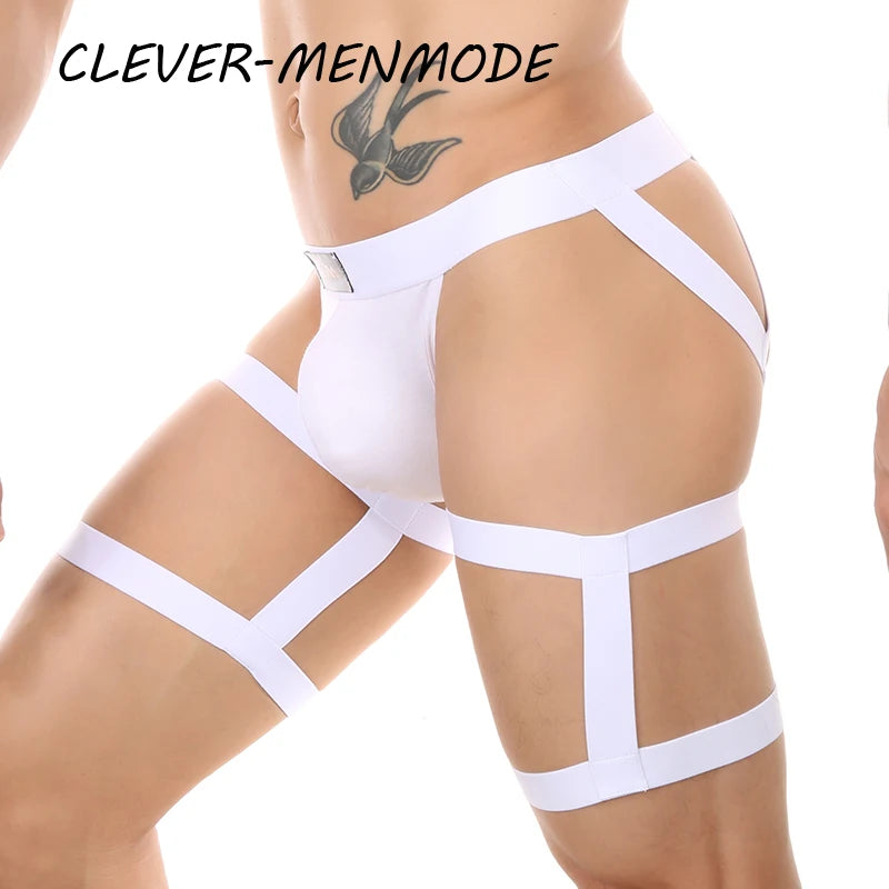 men Sexy Open Crotch G-String Garter Thong Erotic T-Back Jockstrap Leg Harness Lingerie Leg Strap Penis Pouch Metal Ring Panties